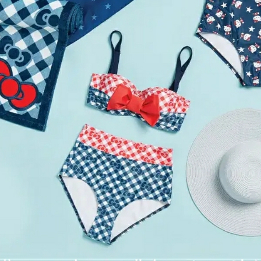 ModCloth X Hello Kitty The Sara High-Waisted Bikini Bottom, Gingham, Bow, XL